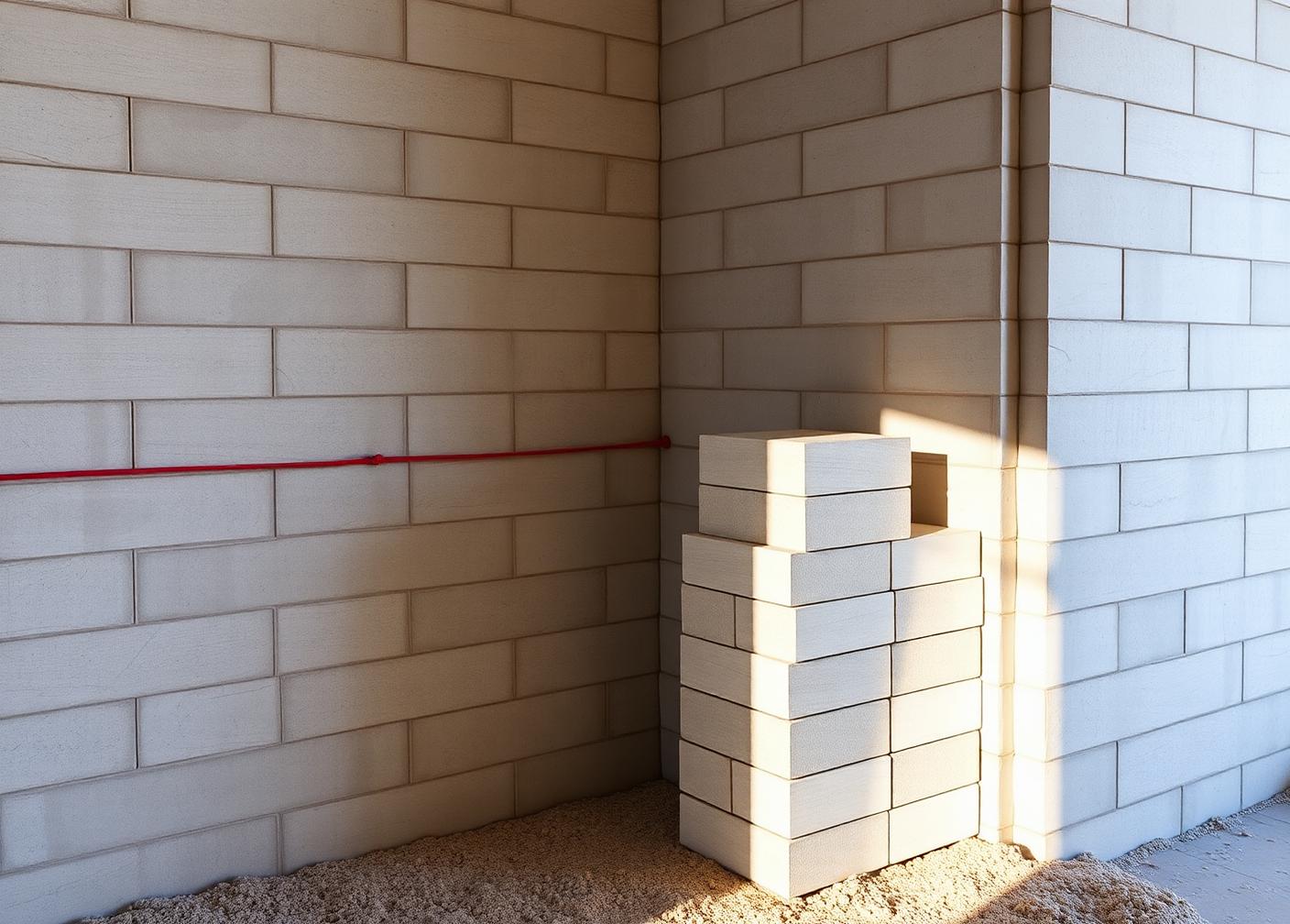Vyzděný roh s natlačenou zednickou šňůrou a připraveným materiálem